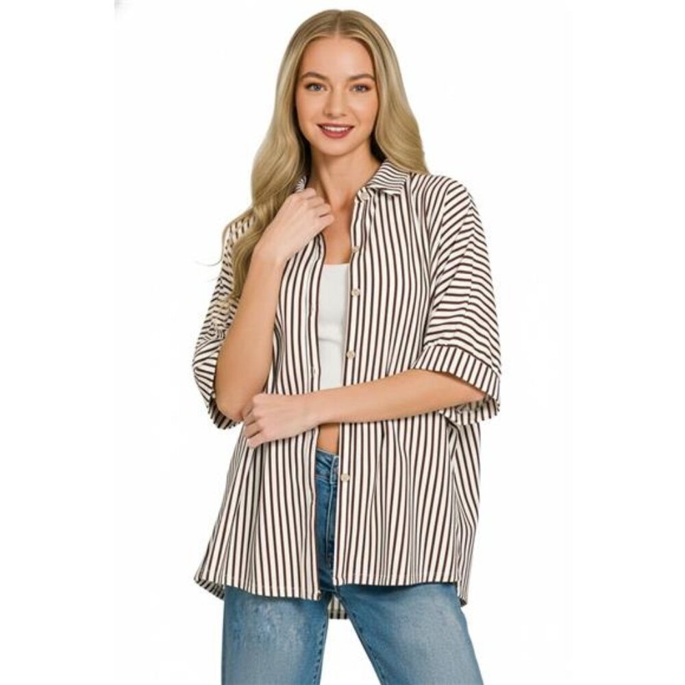 Zenana Oversized Stripe Button Down Shirt